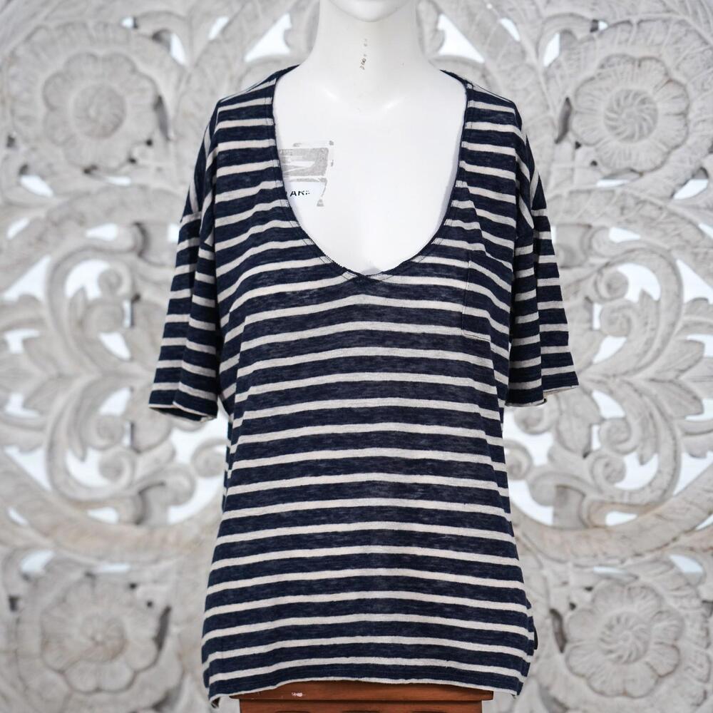 Burberry Brit Navy White Striped 100% Linen Knit T-Shirt Sweater Tee Women’s M